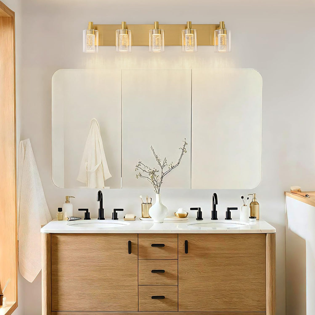 SineRise Vanity Light with 3 Color Modes (3000K/4000K/6000K), Eye Protection LED Bathroom Light Fixture, Dimmable Modern Wall Light Over Mirror with Clear Glass Shade (Gold, 5-Light)