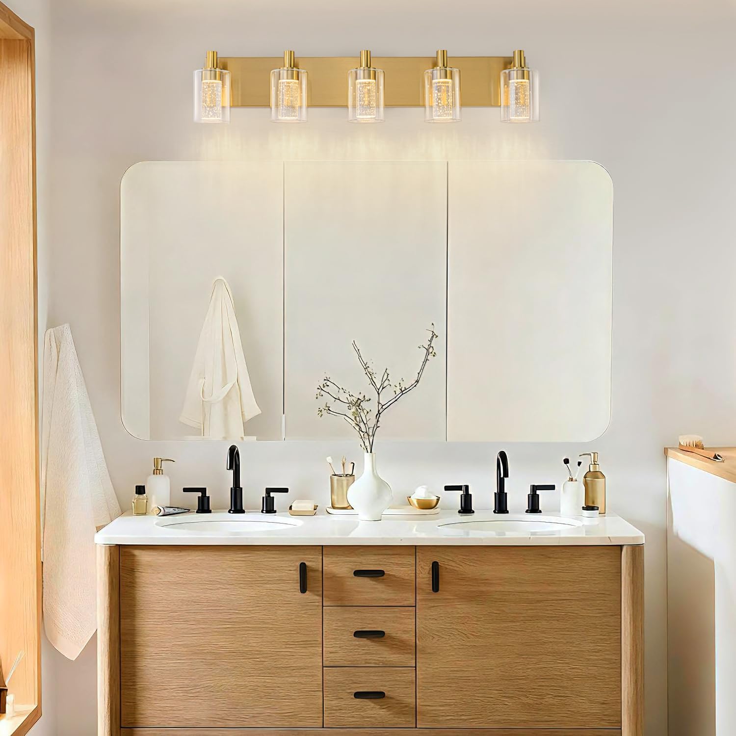 SineRise Vanity Light with 3 Color Modes (3000K/4000K/6000K), Eye Protection LED Bathroom Light Fixture, Dimmable Modern Wall Light Over Mirror with Clear Glass Shade (Gold, 5-Light)