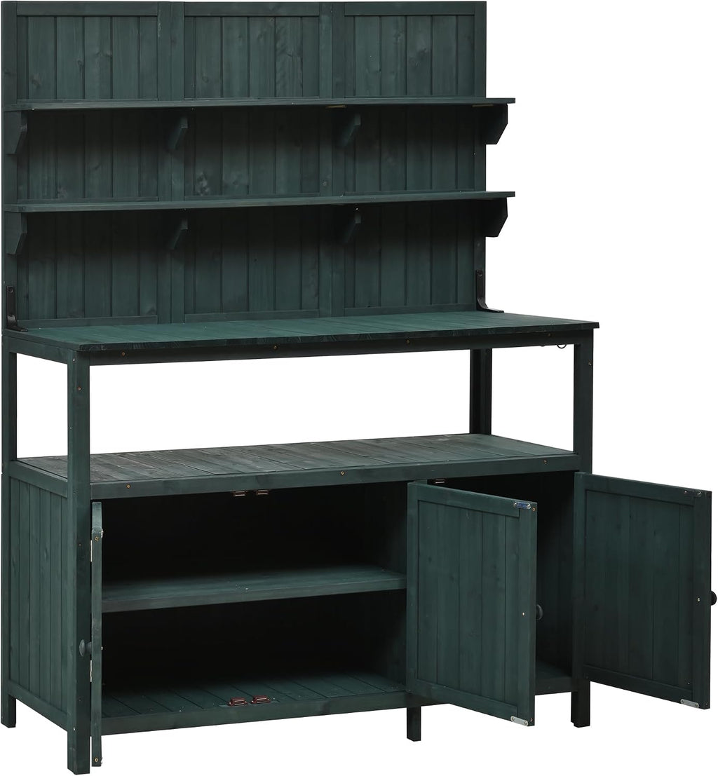 JIVOIT Outdoor Garden Potting Bench Table, 50.2' Solid Fir Wood Garden Workstation Work Bench, Outdoor Planting Table with Hutch, Large Countertop, 2 Shelves, 2 Cabinets, 3 Side Hooks