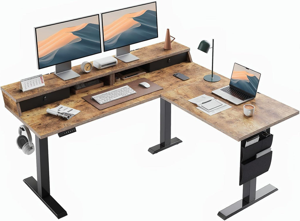 ErGear L Shaped Electric Standing Desk, 63' Ergonomic Corner Height Adjustable Desk with Drawers, Sit Stand Computer Table with Storage for Work Office Home, Vintage Brown