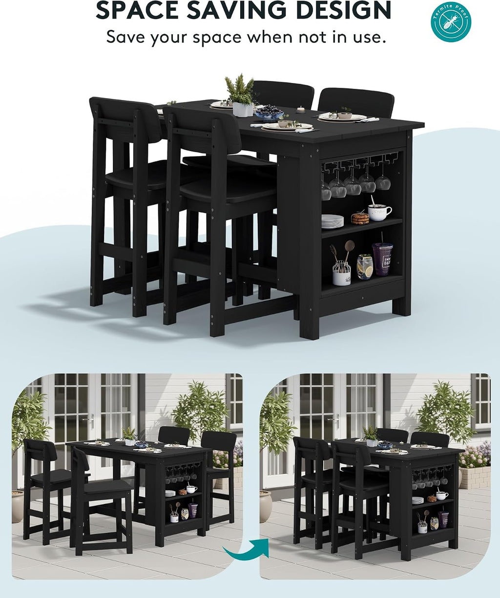 SERWALL 10-Piece HDPE Counter Height Dining Table Sets with Storage and Wine Rack, 2 Rectangular Bar Table with Bar Stools Set of 8 for Garden, Backyard, Kitchen, Black