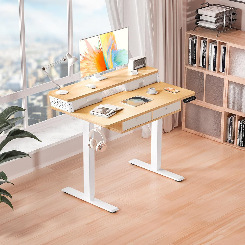 Kingant 40 x 24 Inch Small Electric Standing Desk with 4 Drawers, Height Adjustable Sit to Stand Computer Desk with Storage Shelf and C-Clamp Mount Compatibility for Home Office, Nature