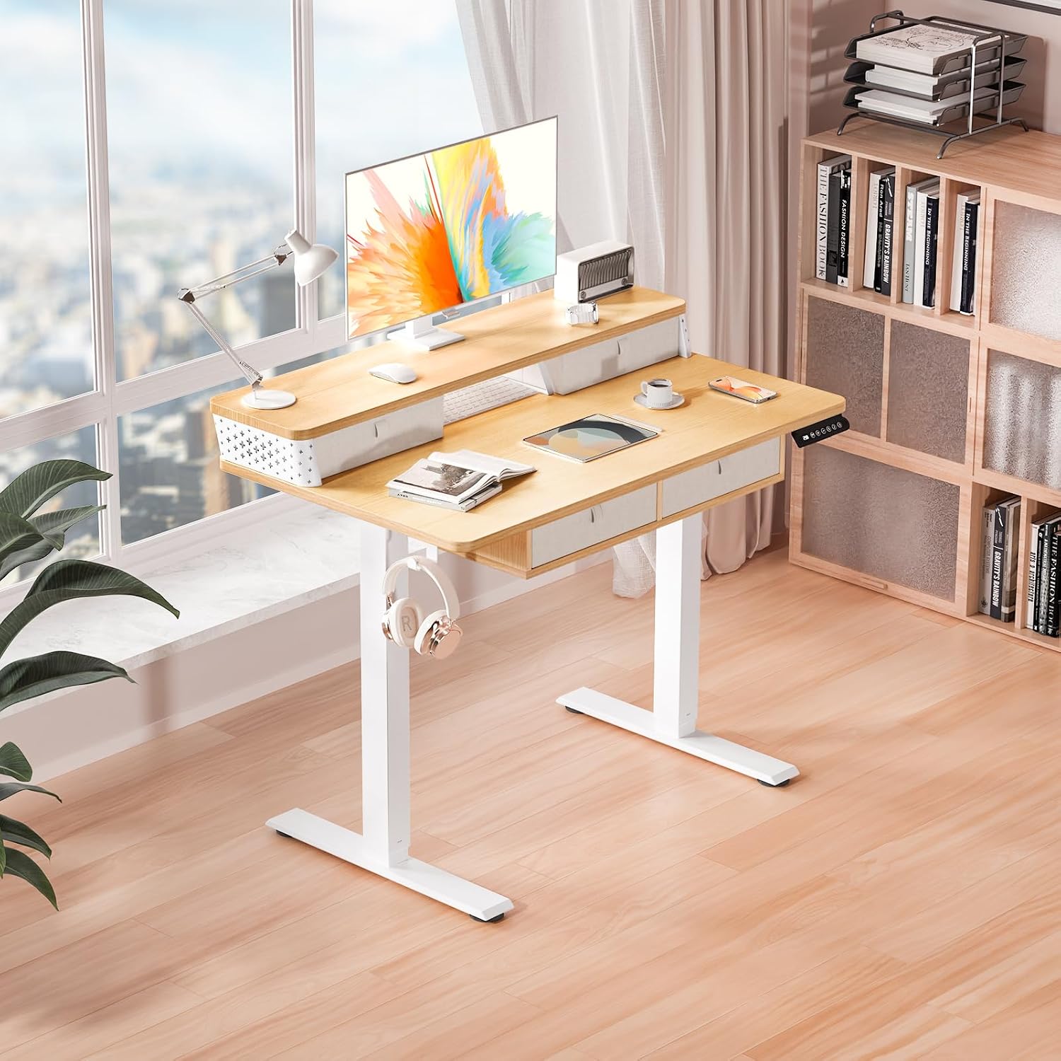 Kingant 40 x 24 Inch Small Electric Standing Desk with 4 Drawers, Height Adjustable Sit to Stand Computer Desk with Storage Shelf and C-Clamp Mount Compatibility for Home Office, Nature