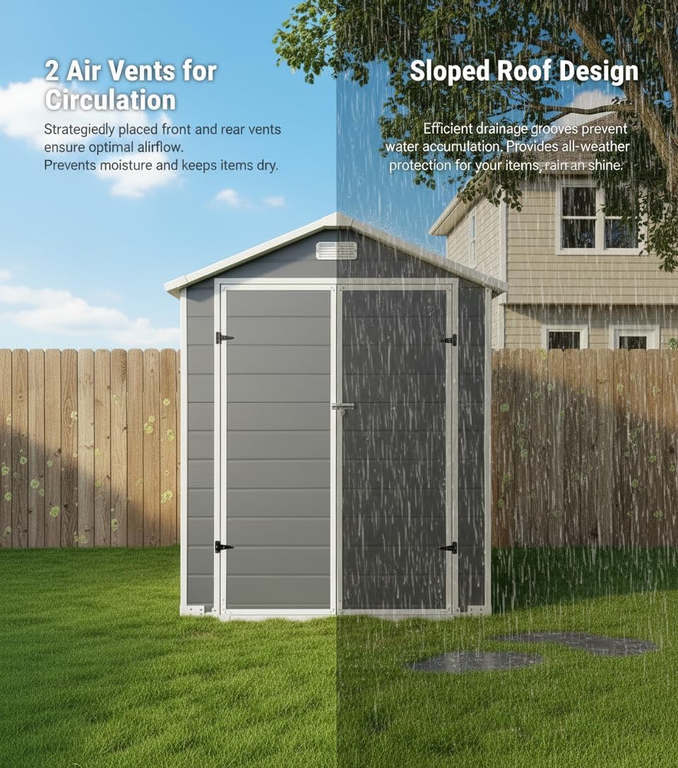 YOPTO 6x4 FT Plastic Storage Shed,Outdoor Storage Shed with Floor and Lockable Door,Waterproof Garden Shed W/Windows & Vents,Sloped Roof,Tool House for Storing Bicycles,Lawnmowers,Gray