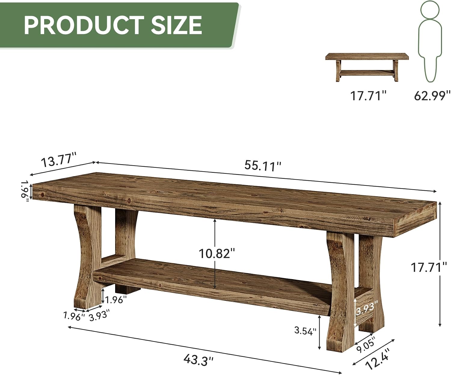 Solid Wood Entryway Bench, 55' End of Bed Bench, Long Indoor Dining Seat for Hallway, Bedroom, Living Room, Dining Room, Easy Assembly, Dark Brown