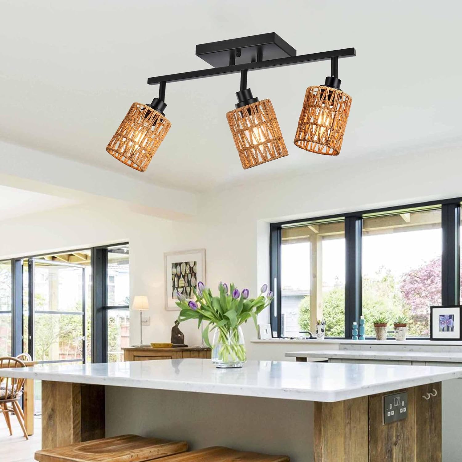 MELUCEE 3 Light Track Lighting Fixtures Ceiling, Black Farmhouse Vanity Lighting Fixtures with Rotatable Light Head for Hallway Porch Foyer Bath Storage, Rattan Lamp Shade
