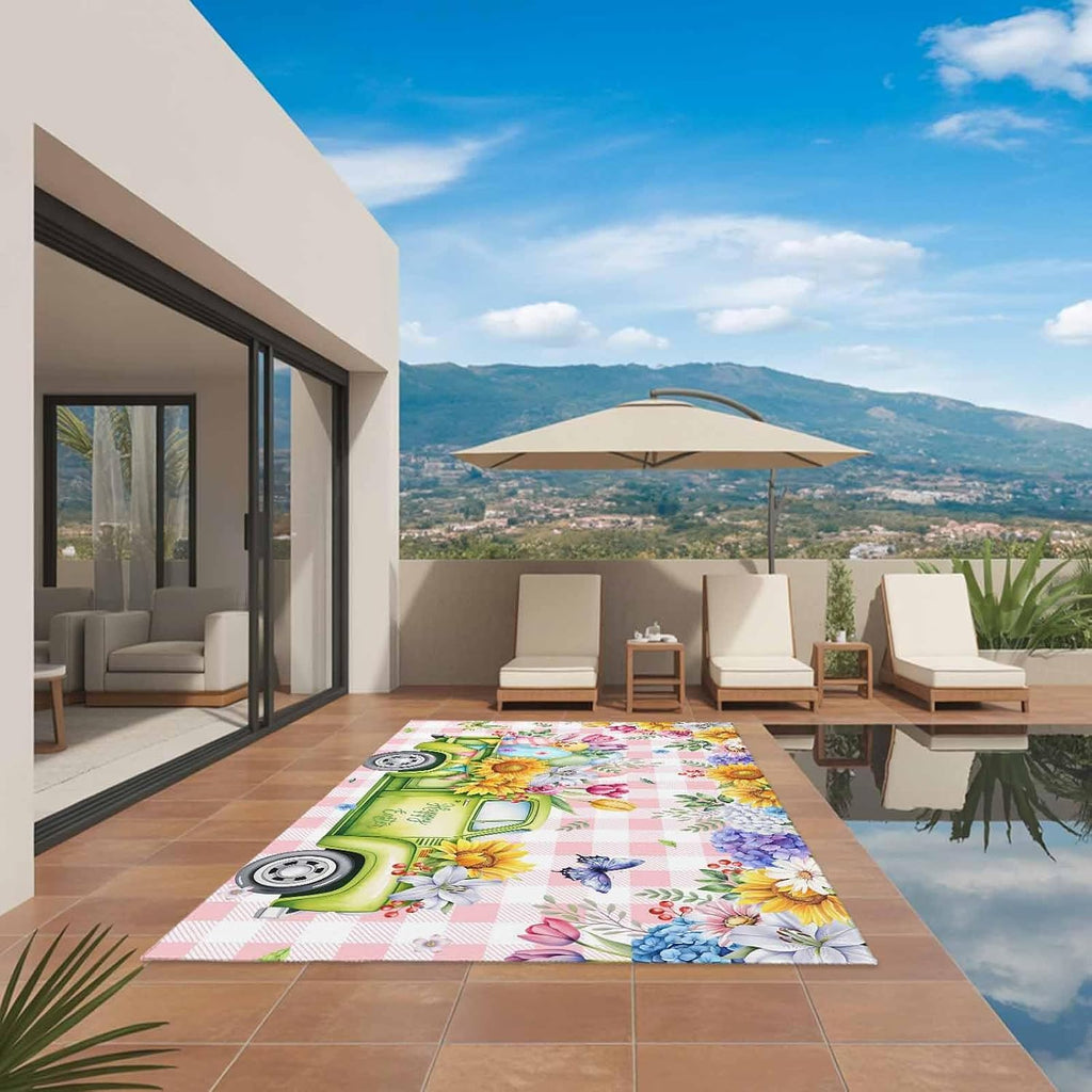 Spring Easter Outdoor Rug for Patio/Deck/Porch, Non-Slip Large Area Rug 6 x 9 Ft, Colorful Eggs Floral Truck Butterflies Pink Plaid Indoor Outdoor Rugs Washable Area Rugs, Camping Rug Carpet Runner