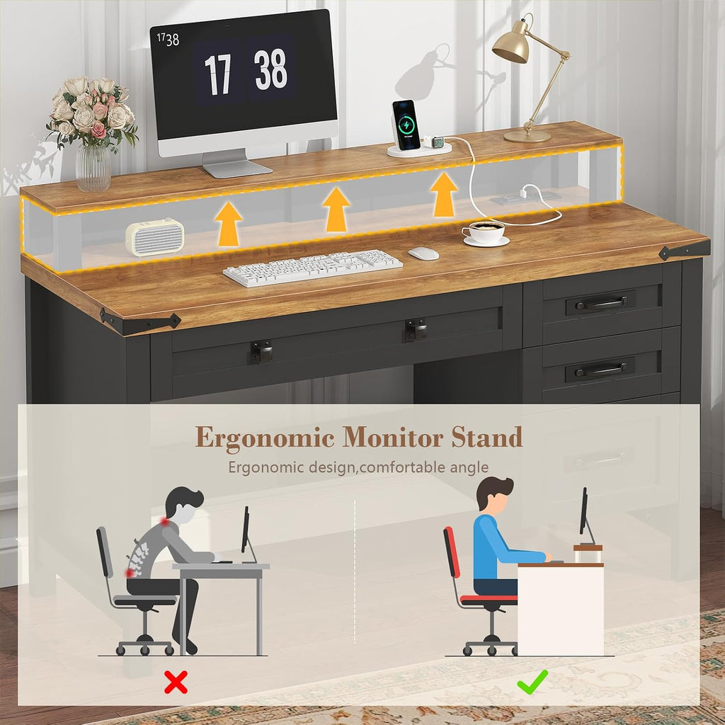 YOMILUVE Farmhouse Computer Desk with Drawers, 47' Small Computer Desk with Power Outlets, Home Office Desk with Monitor Stand & 4 Drawers, Writing Study Table, Brown and Black