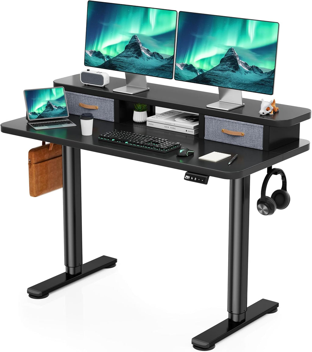 Flycity Electric Standing Desk with Dual Drawers, 48' x 24' Height Adjustable Desk Sit Stand Desk with Memory Controller, Casters & 2 Hooks, Low Noise Home Office Desk, Black