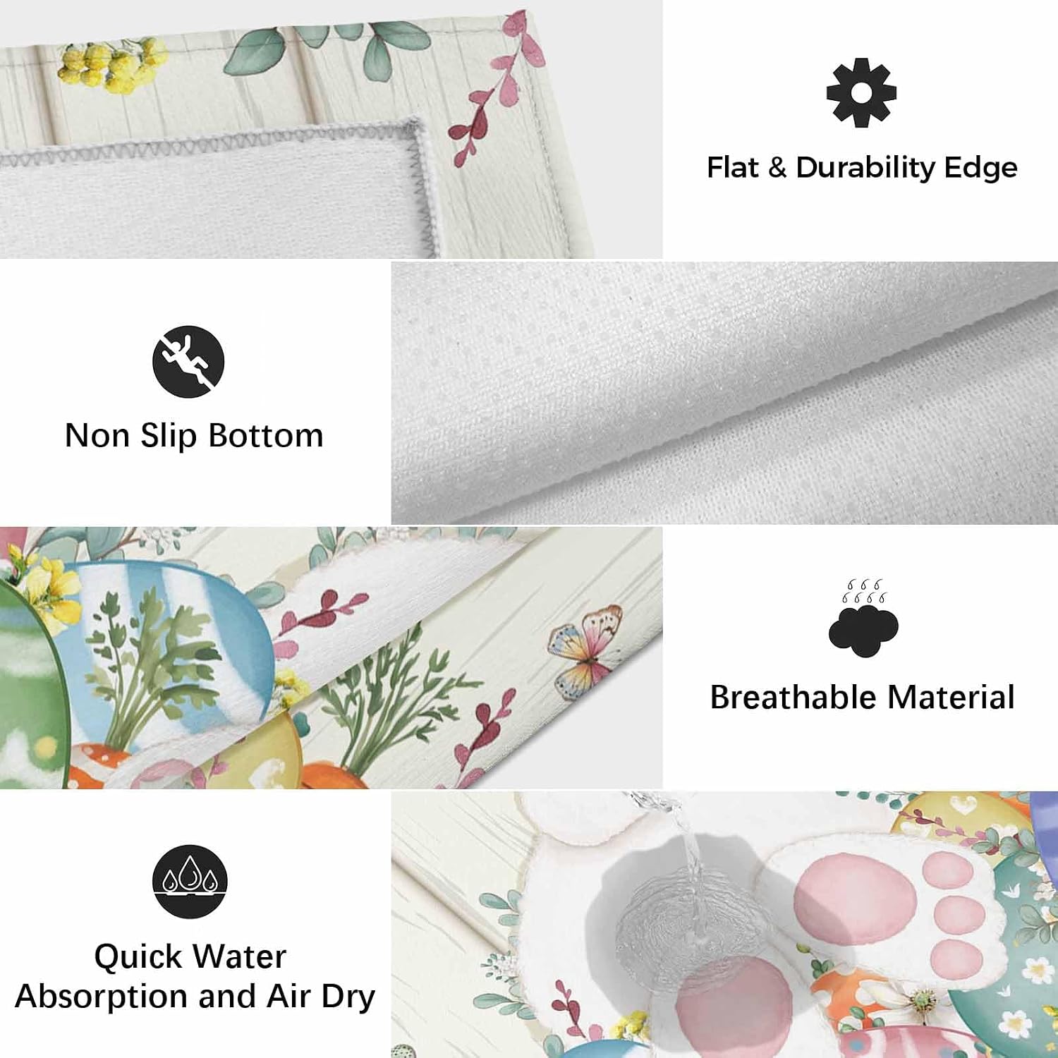 Easter Outdoor Rug for Patio/Deck/Porch, Non-Slip Large Area Rug 6 x 9 Ft, Spring Rabbit Ears Foot Colorful Eggs Leaf Floral Indoor Outdoor Rugs Washable Area Rugs, Camping Rug Carpet Runner