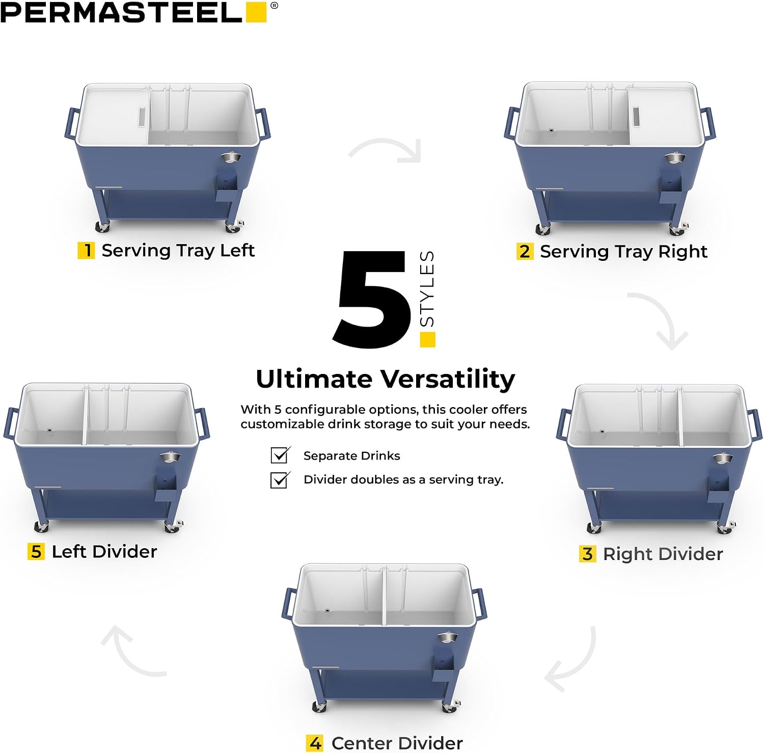 Permasteel Party Cooler with Divider, Removable Basin, Spacious 80-Qt Capacity, Chills 36hrs, Serving Tray, Rolling Ice Chest for Indoor & Outdoor