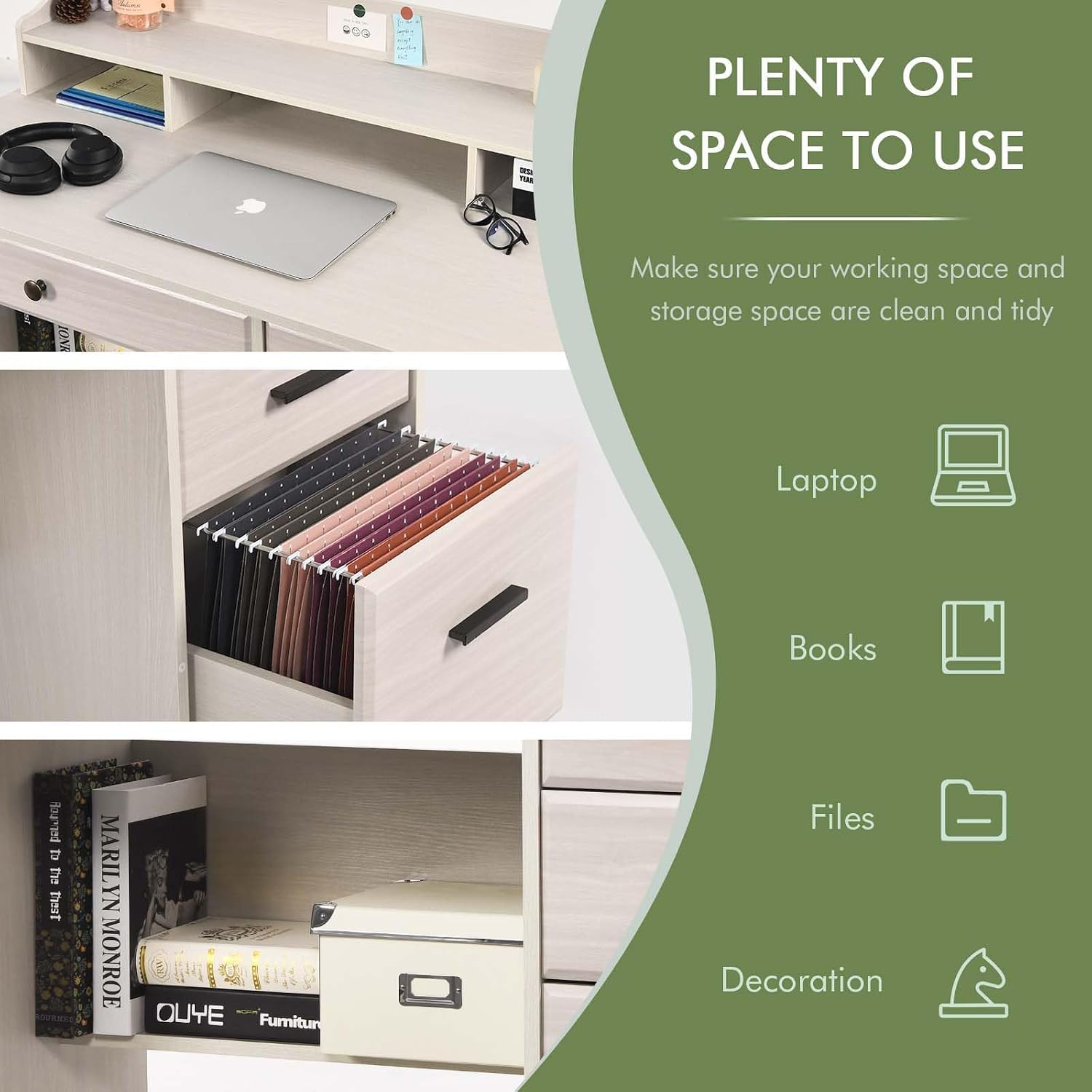 Catrimown Computer Desk with Drawers and Hutch, Farmhouse Home Office Desk, Wood Student Desk with File Drawer for Bedroom, Writing Table for Small Space, Warm White