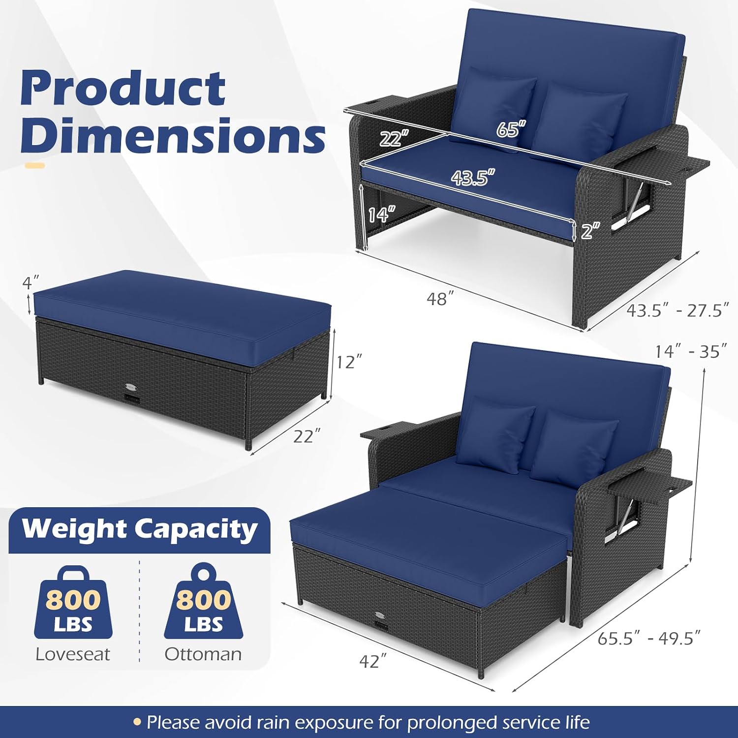 COSTWAY Patio Rattan Daybed with Cushions, Outdoor Wicker Loveseat Sofa with Storage Ottoman, 4-Level Adjustable Backrest, Bed Lounger for Yard, Balcony, Porch, Garden, Pool (Black+Navy)