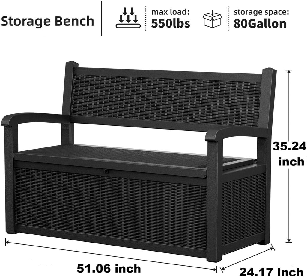 PatioZen 80 Gallon Outdoor Storage Bench Deck Box Waterproof Lockable,Outdoor Storage Furniture for Patio,Garden and Porch,Tools and Cushions（ Black）