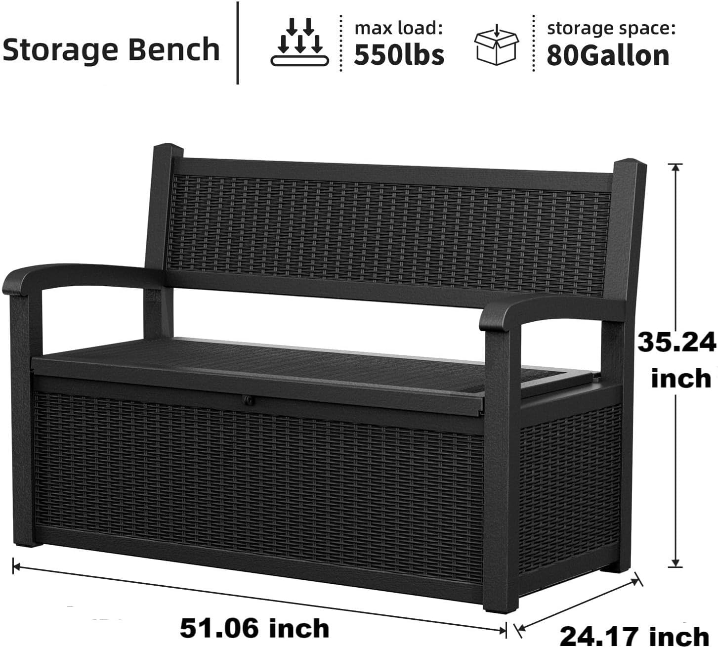 PatioZen 80 Gallon Outdoor Storage Bench Deck Box Waterproof Lockable,Outdoor Storage Furniture for Patio,Garden and Porch,Tools and Cushions（ Black）