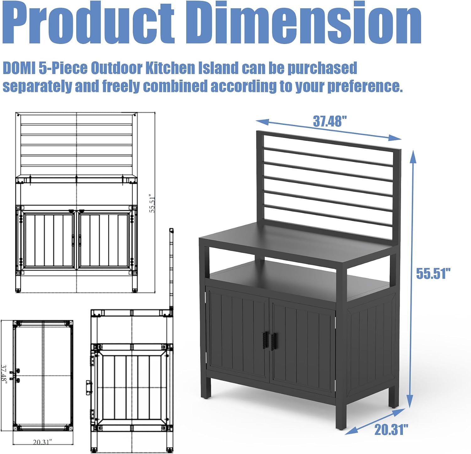 Domi Outdoor Kitchen Island with Storage, Aluminum Kitchen Storage Island with Wall Hanging, Freestanding Grill Storage Cabinet with Protective Cover for BBQ, Deck, Patio, Backyard