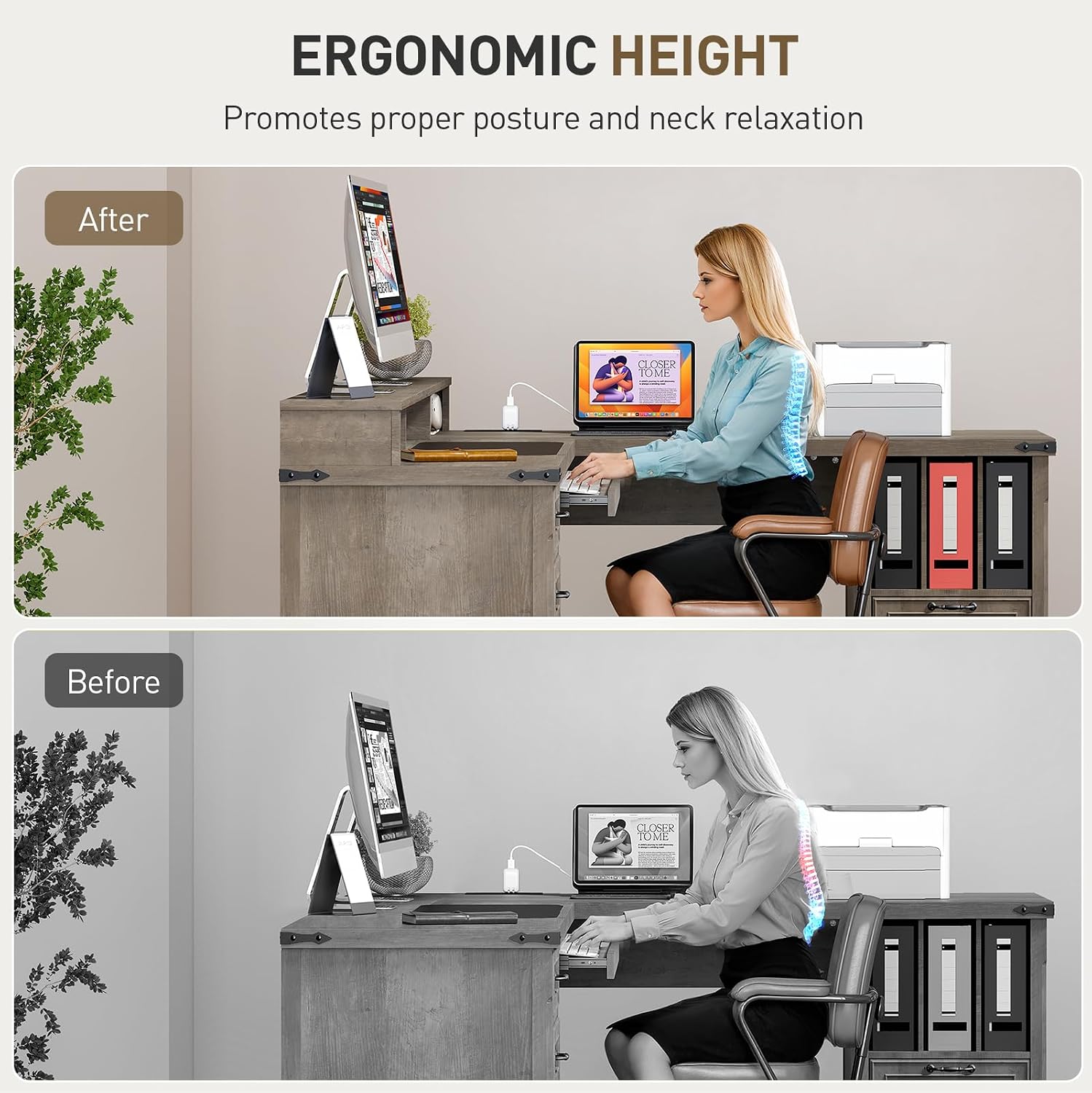 RALGEND 2 Pack Farmhouse 69' Executive L Shaped Desk with Drawer, Home Office Desk with Charging Station, Corner Computer Desk with Monitor Stand,Drawer,Storage Cabinet, Greige