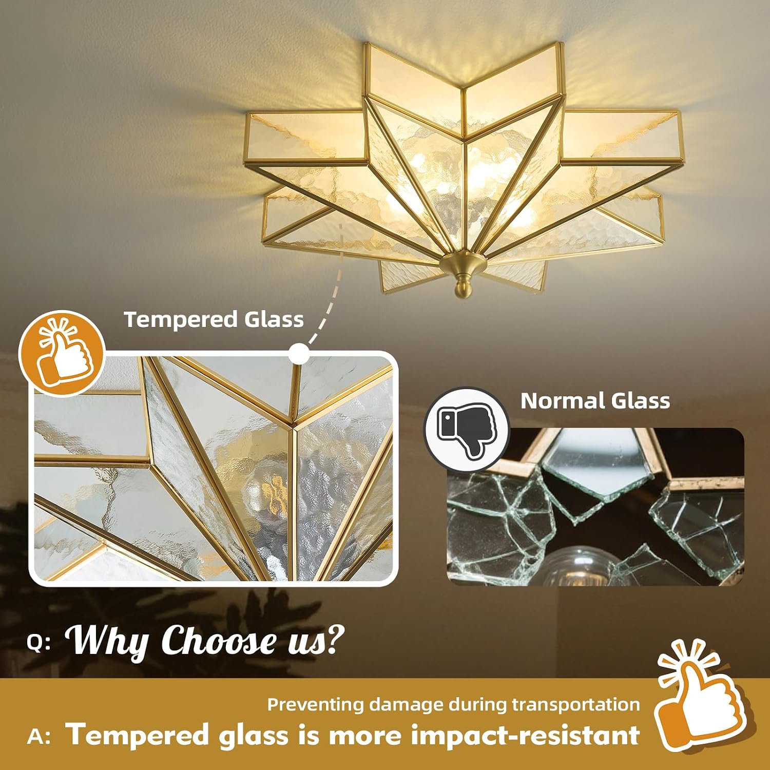 Star Brass Vintage Ceiling Light - 19.7 Inch Large Hammered Glass Antique Brushed Gold Flush Mount Fixture, Mid Century Art Deco Overhead Lighting for Kitchen Hallway Bedroom Bathroom Laundry Entryway