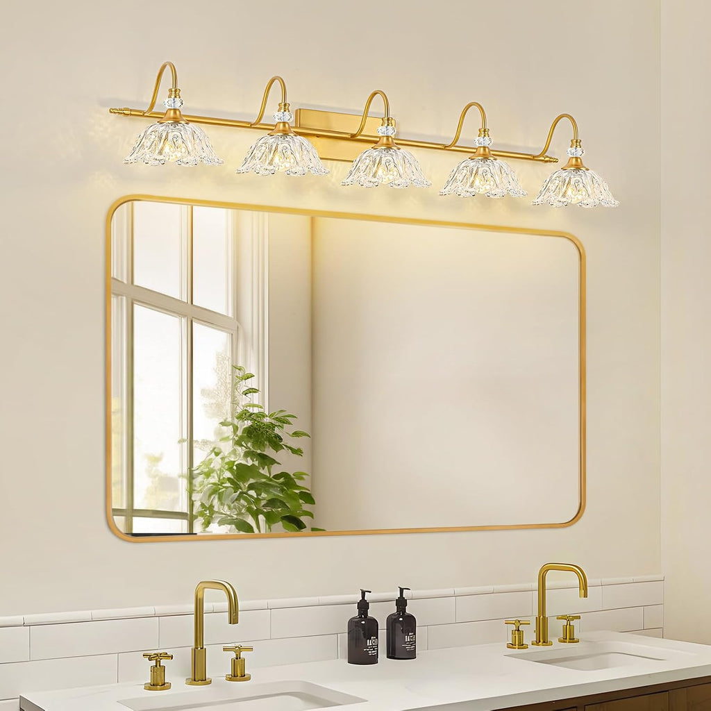 Gold Bathroom Vanity Light, 5-Light Brushed Gold Finish Vanity Light with Floral Clear Glass Shades, Vintage Wall Mount Lighting for Bathroom, Dressing Table