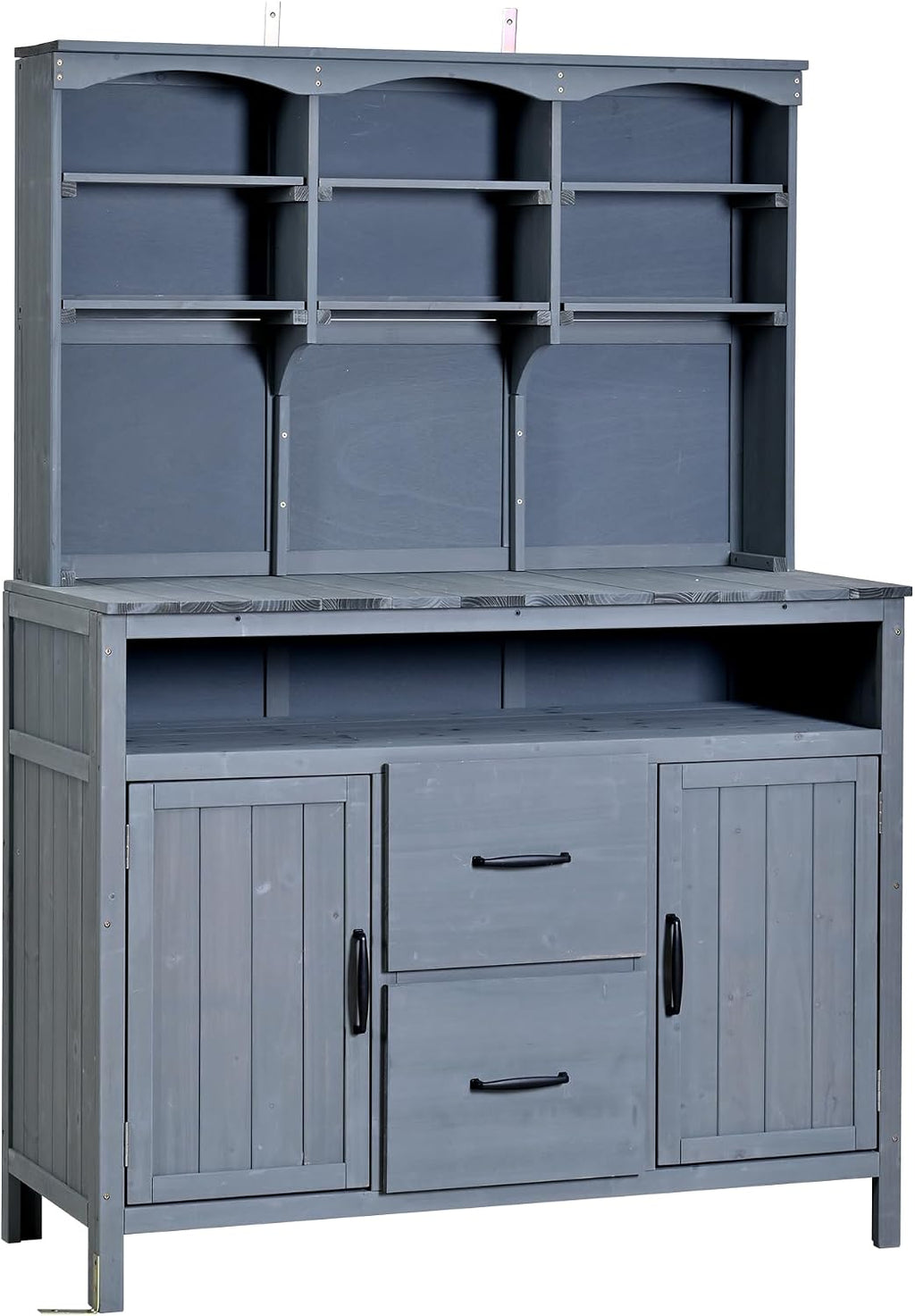 45.3''L Large Fir Wood Potting Bench, Counter Height Outdoor Patio Kitchen Island with Large Countertop, Hutch, Cabinets, Drawers & Hooks, Adjustable Shelf, Wavy Decoration Roof (Gray/103)