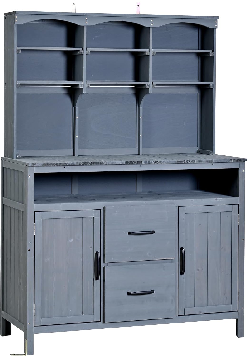 45.3''L Large Fir Wood Potting Bench, Counter Height Outdoor Patio Kitchen Island with Large Countertop, Hutch, Cabinets, Drawers & Hooks, Adjustable Shelf, Wavy Decoration Roof (Gray/103)