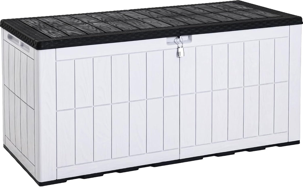 YITAHOME 134 Gallon Large Deck Box, Waterproof Resin Outdoor Storage Box with Lock and 2-Person Bench Seating for Patio Furniture Cushions,Garden Tools & Pool Accessories, Black & Grayish-White