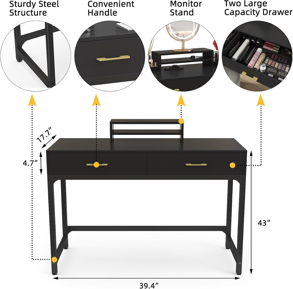 WESTREE Computer Gaming Desk Office - Study Writing Desk with Drawer for Teen, Bedroom Makeup Desk Home Office Furniture with Storage Shelf, Height Monitor Stand