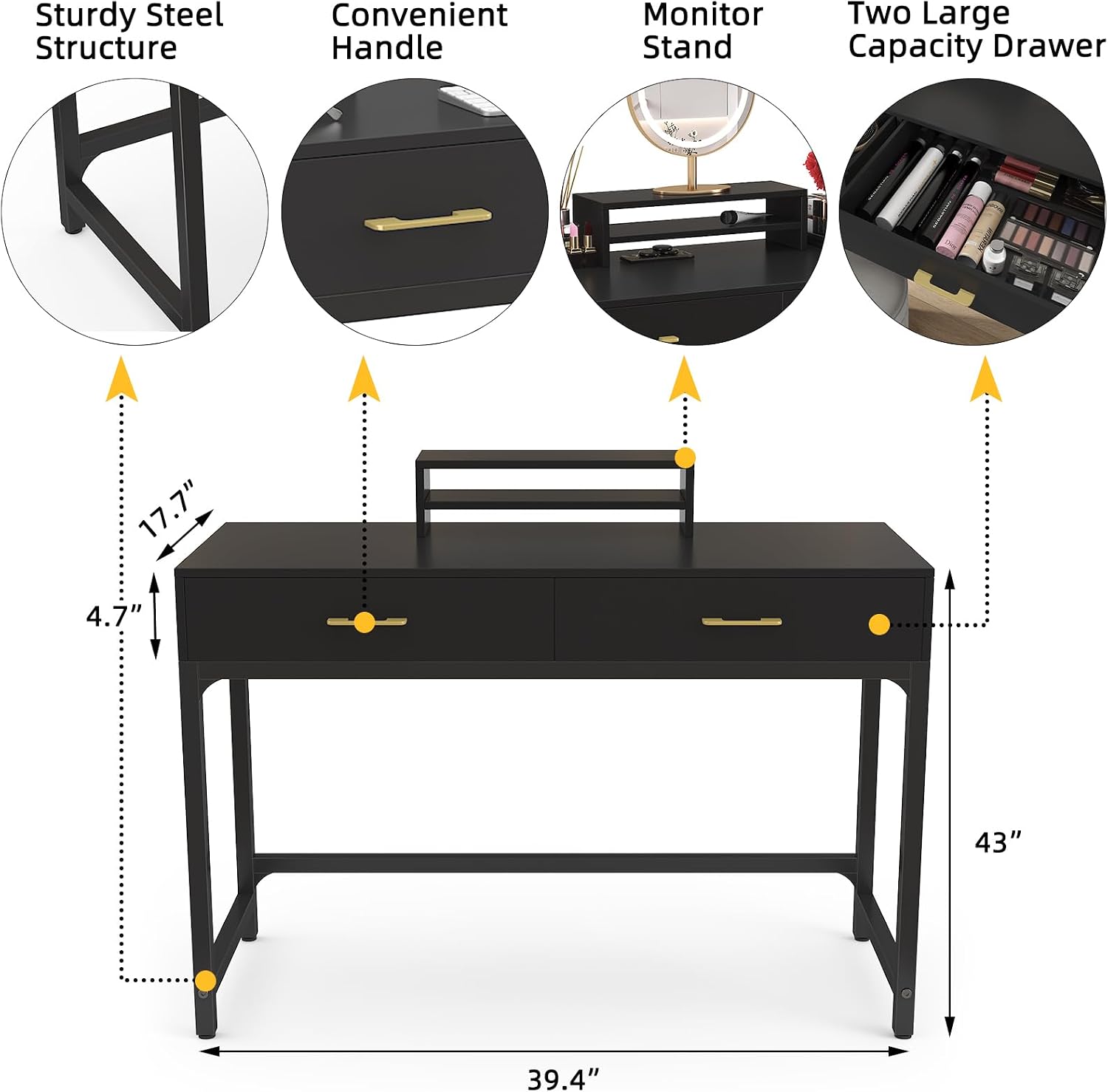 WESTREE Computer Gaming Desk Office - Study Writing Desk with Drawer for Teen, Bedroom Makeup Desk Home Office Furniture with Storage Shelf, Height Monitor Stand
