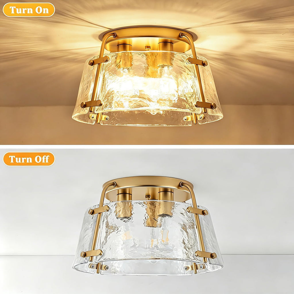 Gold Semi Flush Mount Ceiling Light, Modern Hallway Light Fixtures with Thick Hammered Glass, 3-Light Kitchen Ceiling Lights for Entryway Bedroom Foyer Laundry Bathroom Dining Room