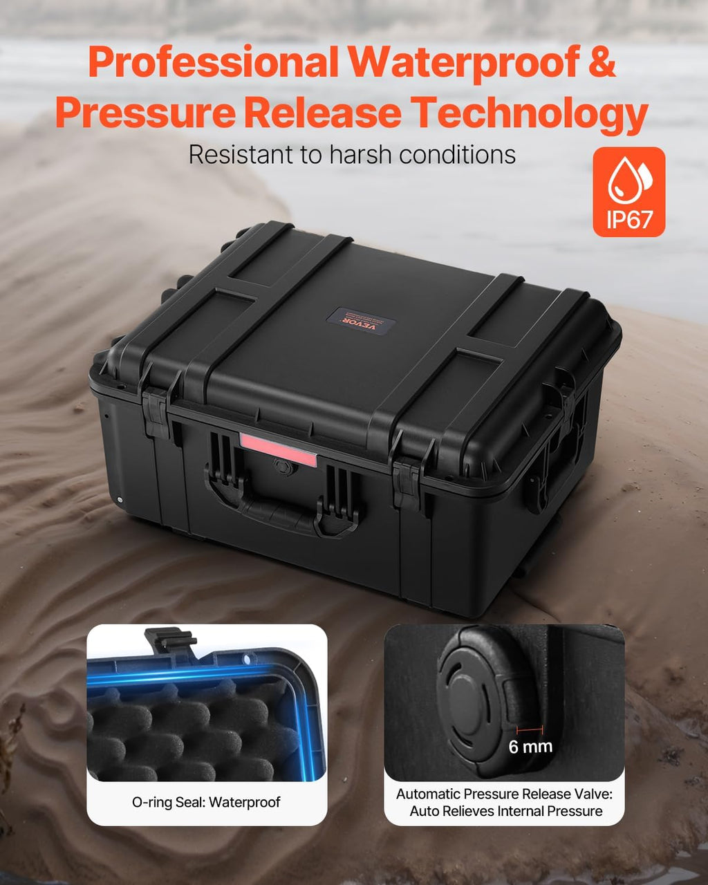 VEVOR Weatherproof Hard Case, Heavy Duty Protective Dry Box Case with Pre-Cut Foam, Wheel Retractable Pull Handles for Travel, Hunt, Military, Tactical, IP67 Waterproof Case for Camera(24.8*19.7*12.5)