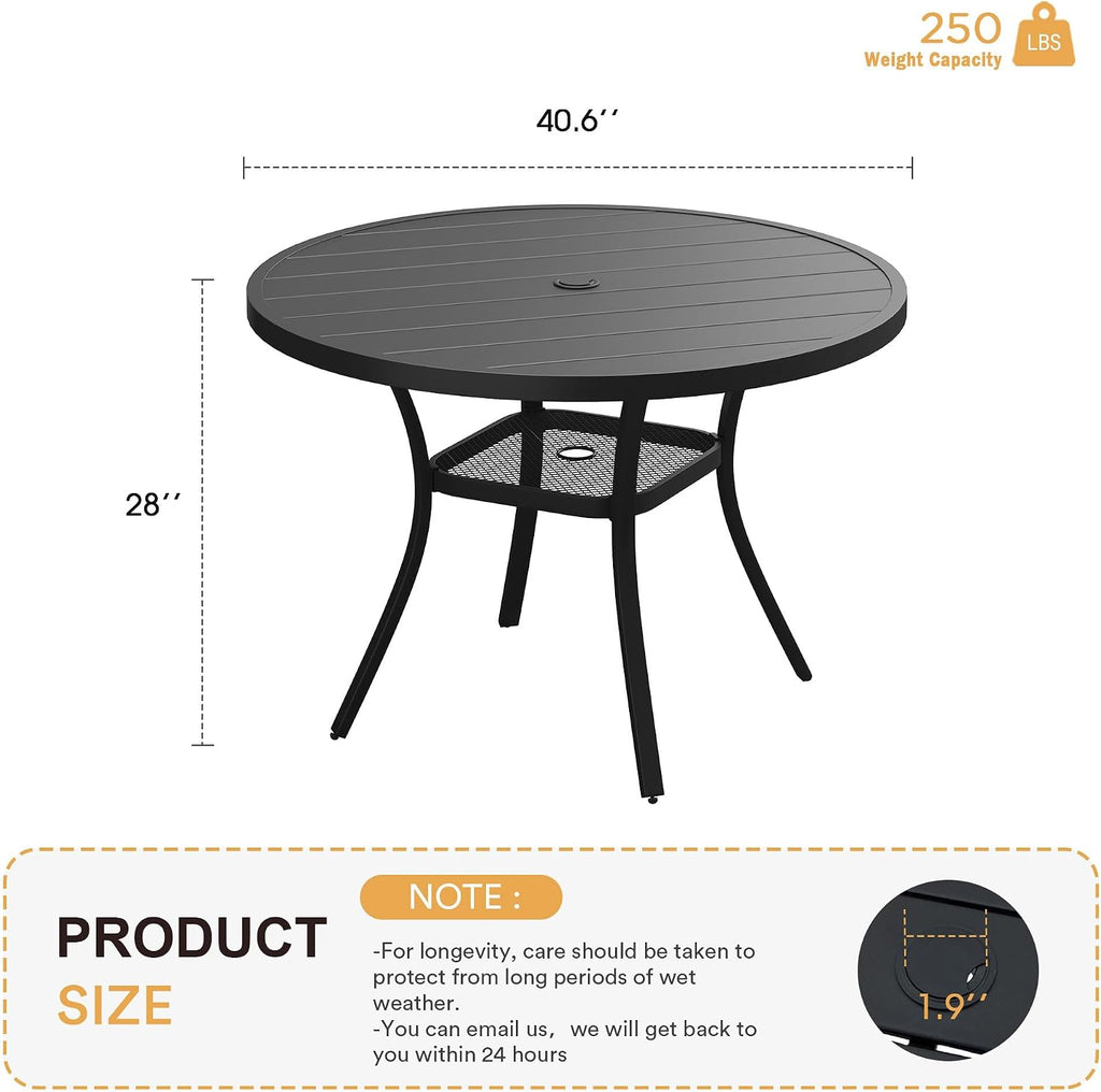 VICLLAX 41.2'x 28' Outdoor Round Patio Table for Lawn Garden, All Weather Metal Round Patio Dining Table with Adjustable Umbrella Hole, Patio Table for 4 Person, Black Tabletop