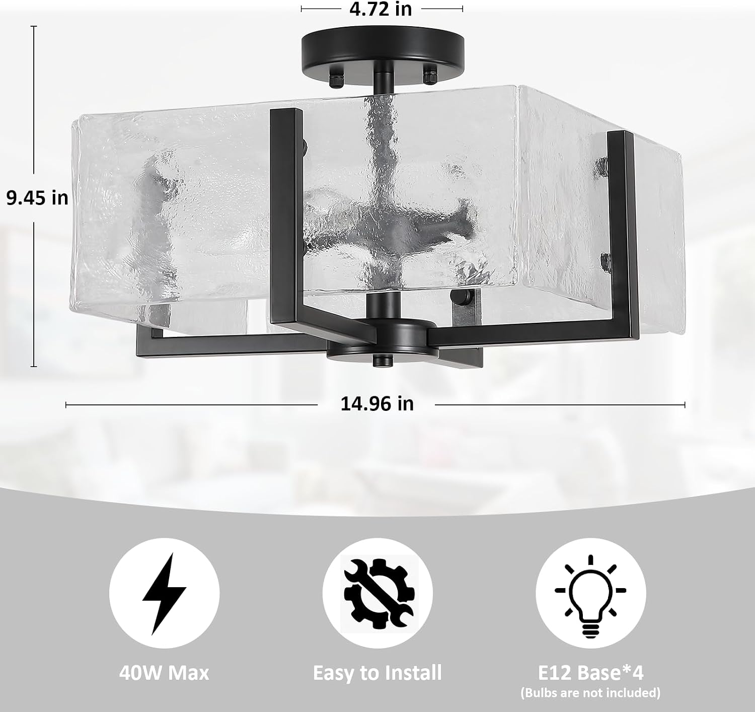 Black Semi Flush Mount Ceiling Light 4-Light Glass Light Fixtures Ceiling Mount,14.96' Modern Farmhouse Light Fixture for Foyer, Hallway, Entryway, Dining Room, Kitchen, Bedroom, Porch