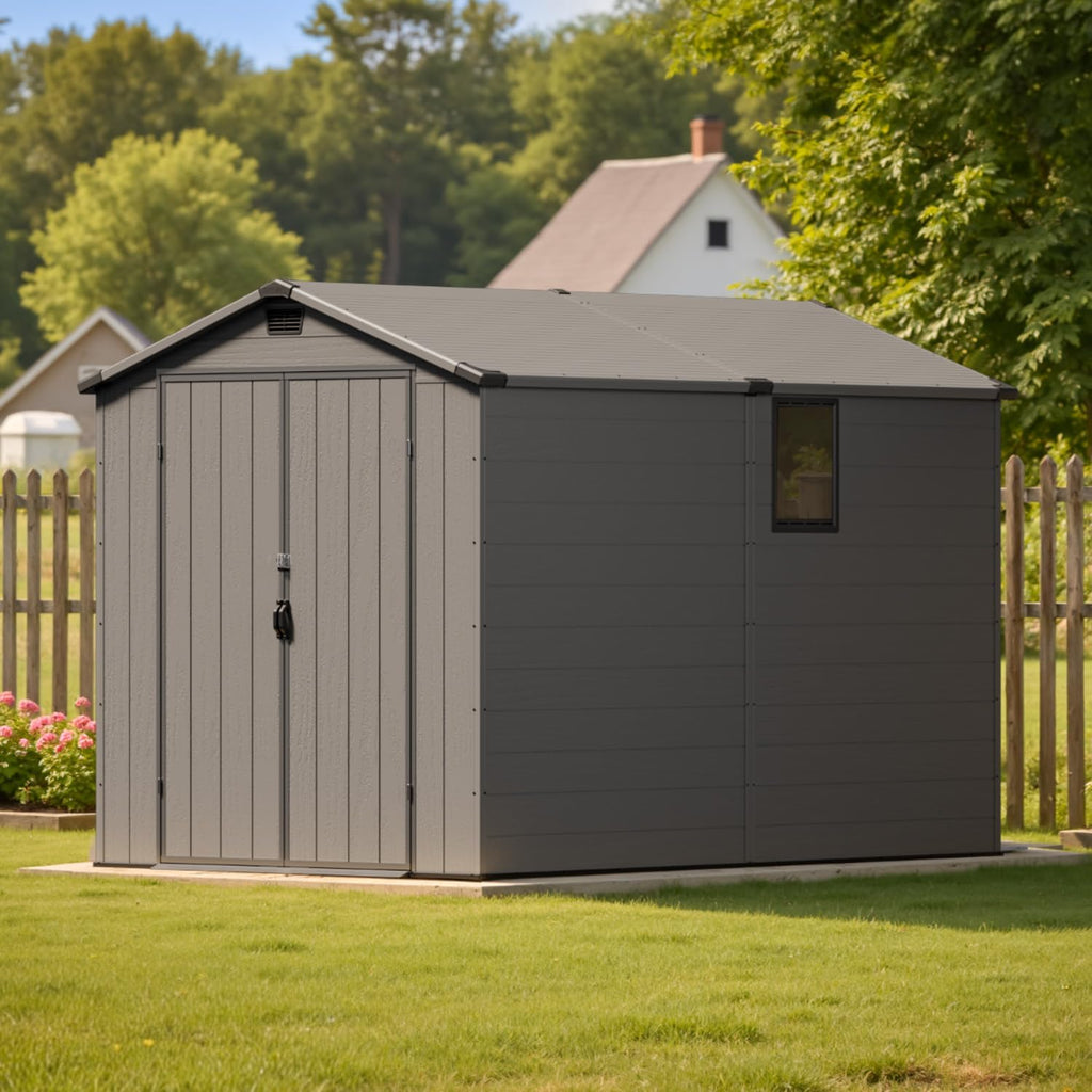 Patiowell 6x10FT Outdoor Storage Shed with Floor,Resin Garden Shed with Lockable Door and Window, Backyard Storage (Dark Grey)
