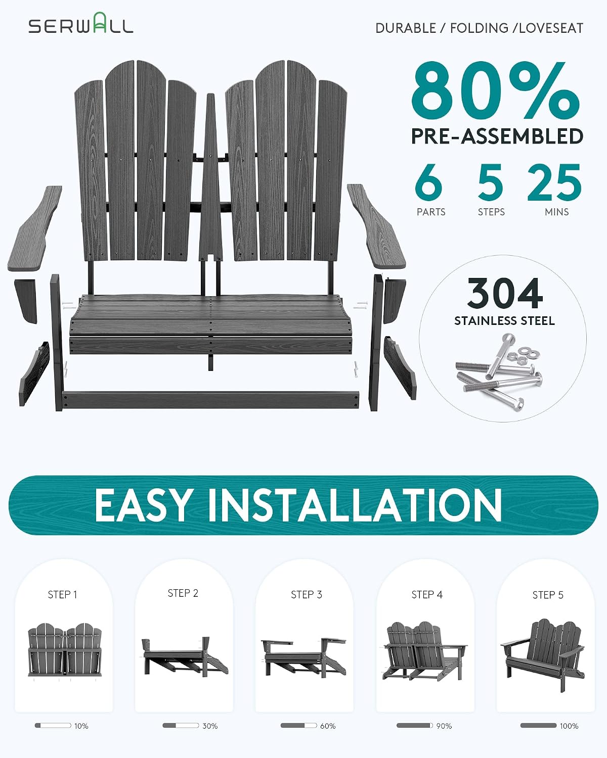 SERWALL Adirondack Bench, HDPE All-Weather Adirondack Loveseat, Outdoor Adirondack Chair for 2, Grey