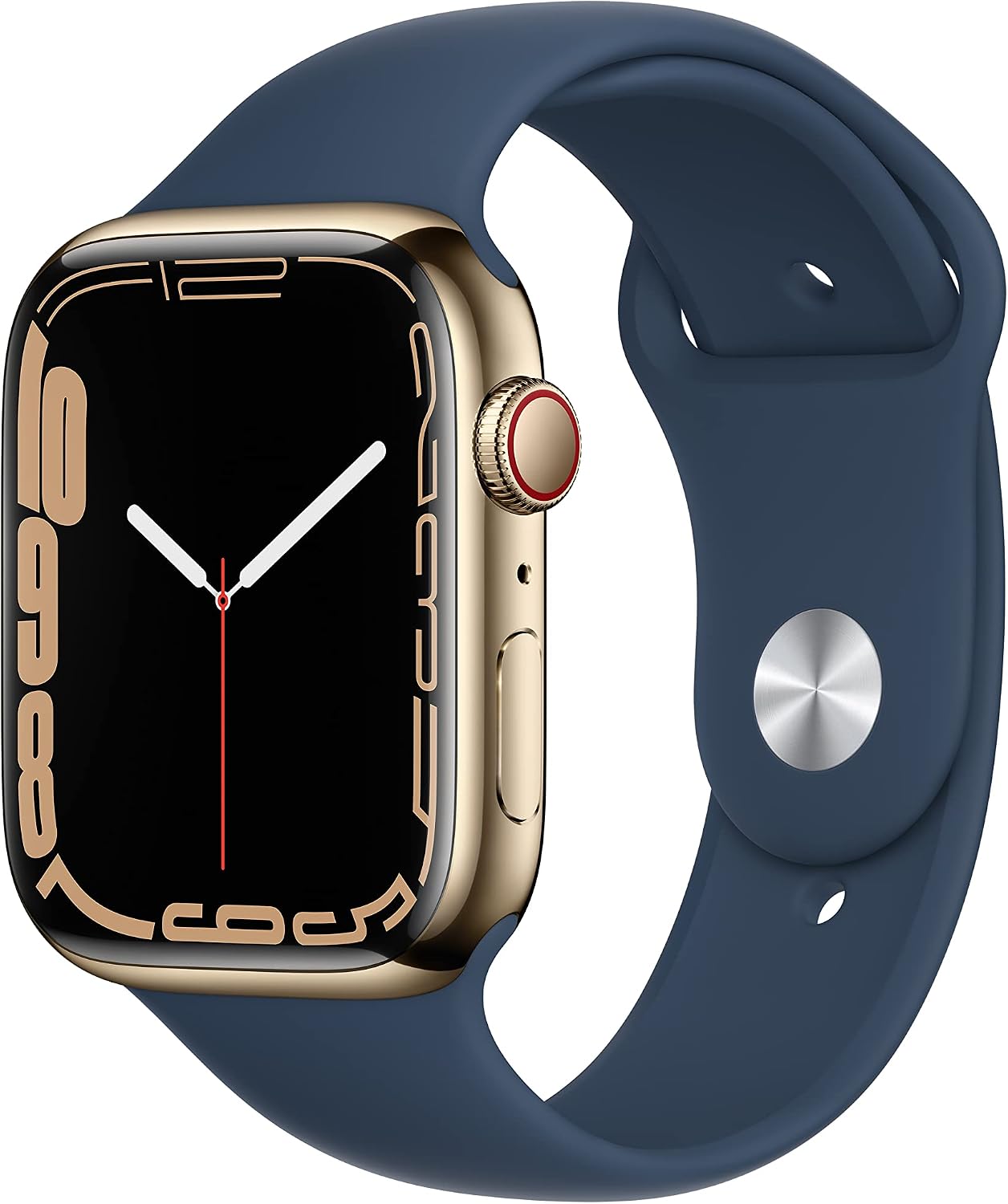 Apple Watch Series 7 (GPS + Cellular, 45MM) - Gold Stainless Steel Case with Abyss Blue Sport Band (Renewed)