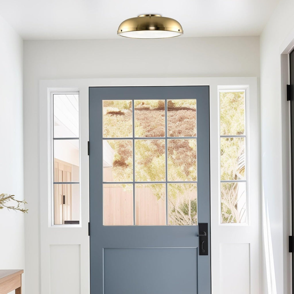Kira Home Alston 14' Mid Century Modern Gold Semi Flush Mount with Frosted Glass Diffuser, 3-Light Low Profile Dome Gold Ceiling Light, Cool Brass Finish