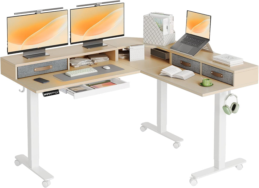 YDN Dual Motor 63' L Shaped Standing Desk with Drawers, Electric Height Adjustable Standing Desk with Monitor Stand & Splice Board, White Frame/Nature Top