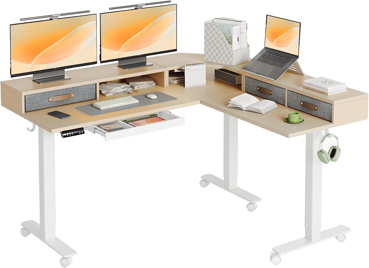 YDN Dual Motor 63' L Shaped Standing Desk with Drawers, Electric Height Adjustable Standing Desk with Monitor Stand & Splice Board, White Frame/Nature Top