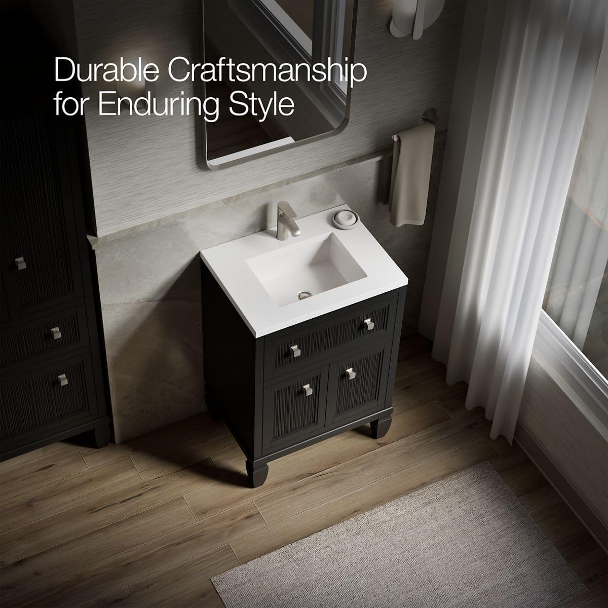 Kohler Hearthaven 24 Inch Bathroom Vanity Cabinet with White Single Sink and Quartz Top, Modern Bathroom Vanity, Slate Gray, K-33535-ASB-1WX