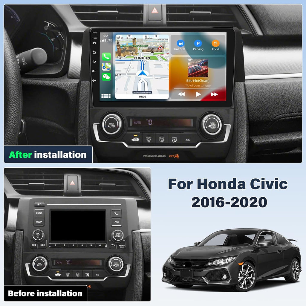 4+64G Radio for Honda Civic 2016 2017 2018 2019 2020 with Wireless Apple Carplay Android Auto, 9'' Touch Screen for Civic Stereo Bluetooth, FM, GPS Navi, WiFi, SWC, Mic, AHD Backup Camera