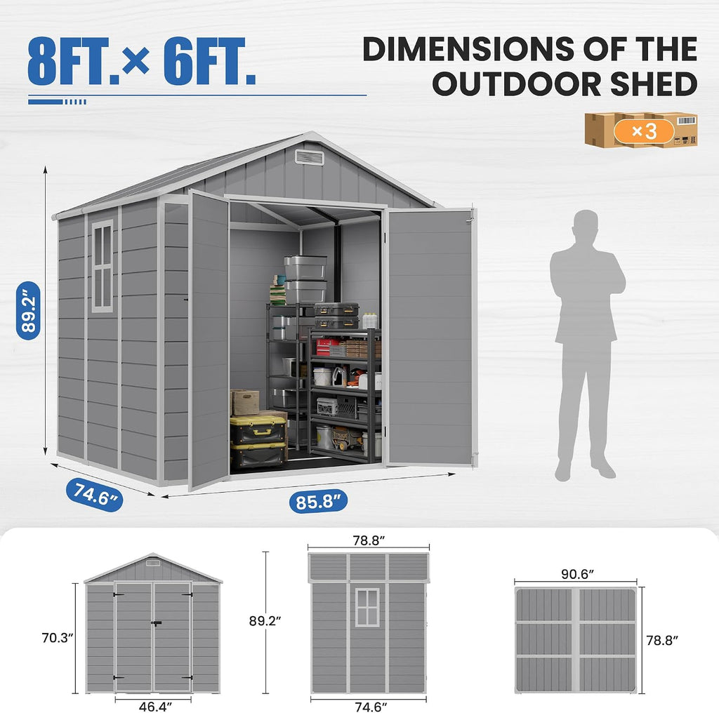 Amopatio Storage Shed 6x8, Resin Outdoor Shed with Floor Included, Plastic Sheds Outdoor Storage for Bike, Garden Tools, Sheds & Outdoor Storage with Lockable Door, Window & Vents, Grey & White