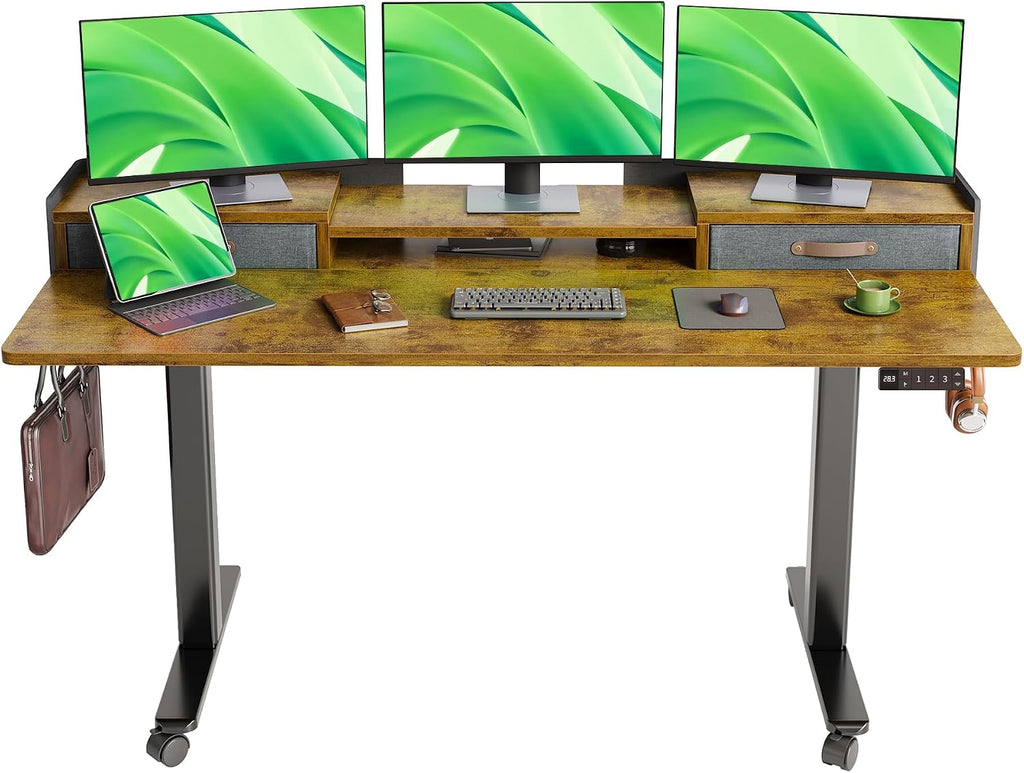 Claiks Standing Desk with Drawers, Adjustable Stand Up Electric Standing Desk Adjustable Height with Storage Shelf and Splice Board, 63 Inch, Rustic Brown