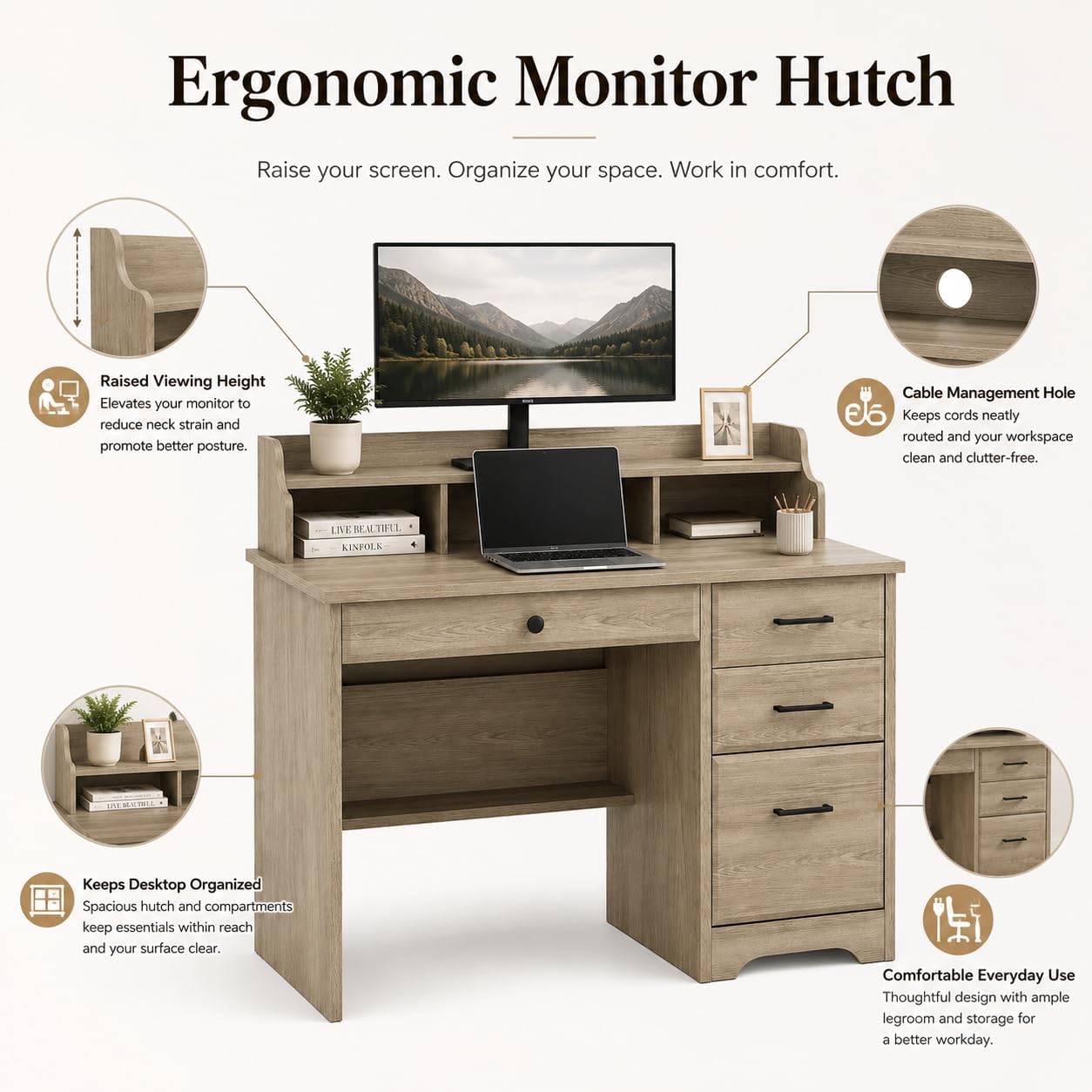 4 EVER WINNER Computer Desk with Drawers, Small Desk with Monitor Stand and File Drawer, Wood Desk with Storage, Writing Desk for Bedroom Home Offic, Grey