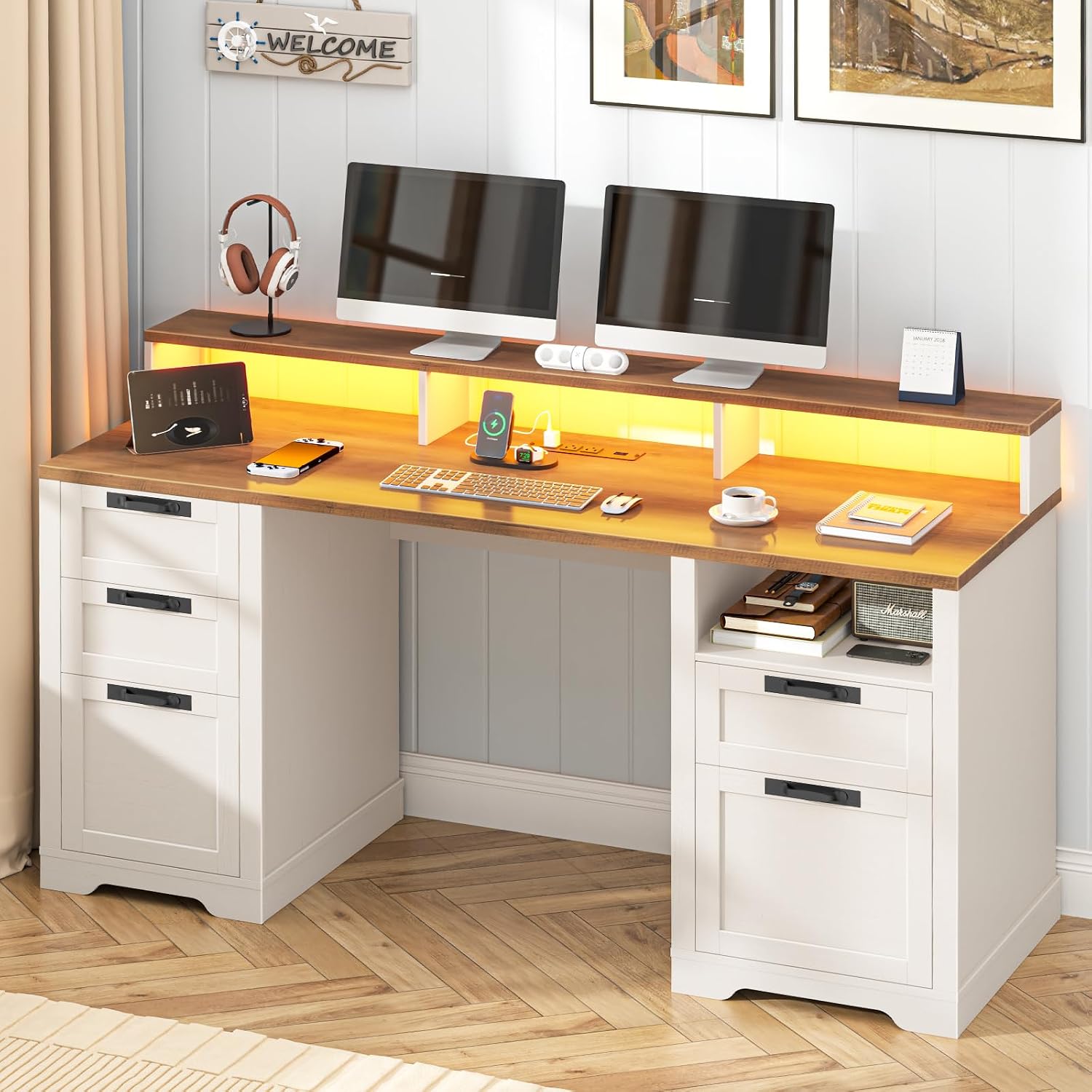Vabches 61' Farmhouse Executive Desk with LED Lights and Power Outlets,Computer Desk with Monitor Stand & File Drawers,Large Workspace with Storage Drawers for Home Office,Study,White