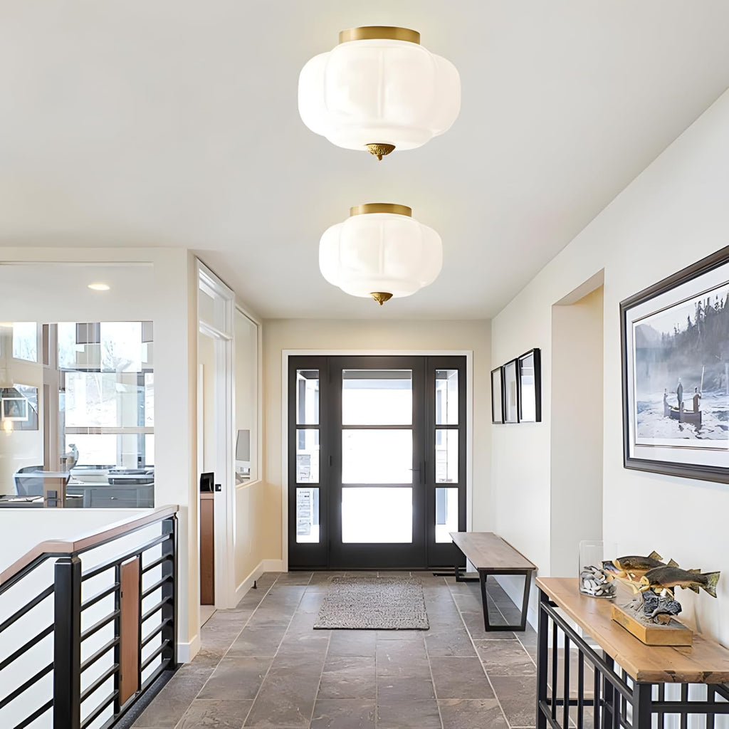 Bofea-Modern Semi Flush Mount Ceiling Light,Brass Gold Ceiling Light with Milk Glass Shade,Farmhouse Kitchen Lighting Fixtures Ceiling, LED Lights for Bedroom Schoolhouse Laundry Room