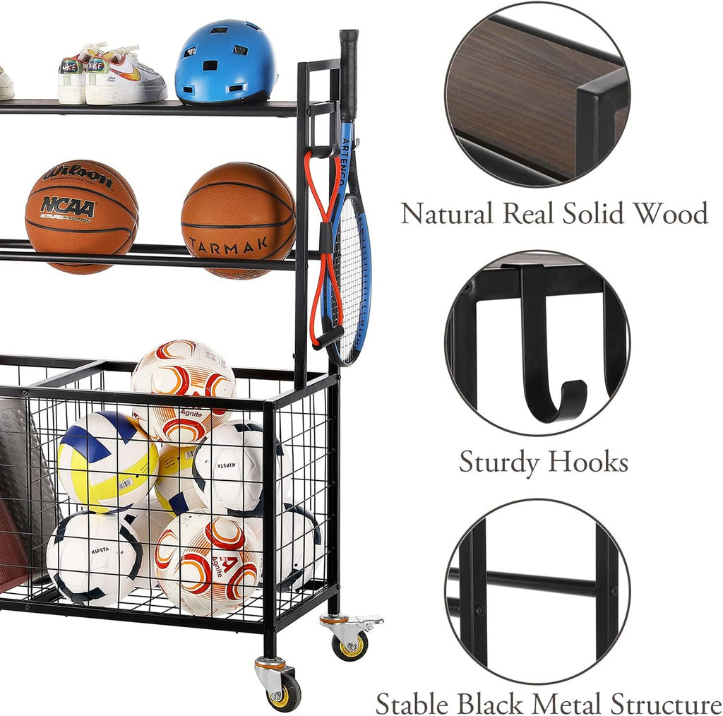 MyGift Sports Equipment Organizer, Garage Ball Storage for Indoor and Outdoor, Garage Organizer for Sports Gear and Toys, Rolling Ball Cart with Baskets, 16' D x 41' W x 49' H