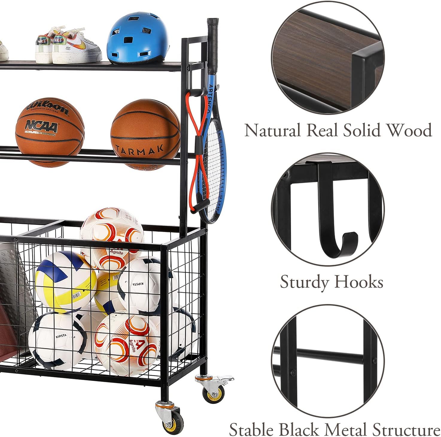 MyGift Sports Equipment Organizer, Garage Ball Storage for Indoor and Outdoor, Garage Organizer for Sports Gear and Toys, Rolling Ball Cart with Baskets, 16' D x 41' W x 49' H