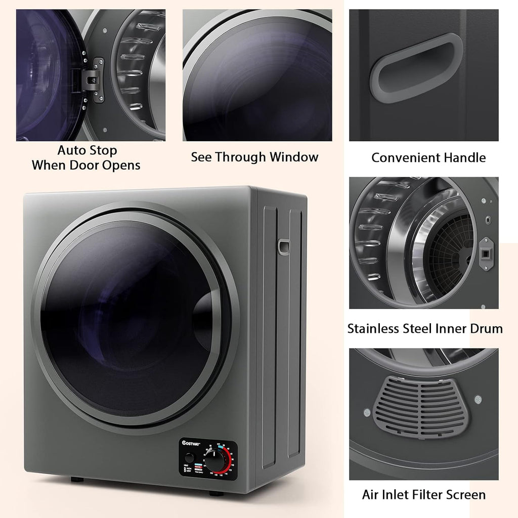 COSTWAY Compact Laundry Dryer, 110V Electric Portable Clothes Dryer with Stainless Steel Tub, Control Panel Downside Easy Control for 4 Automatic Drying Mode (Stainless Steel-Grey)