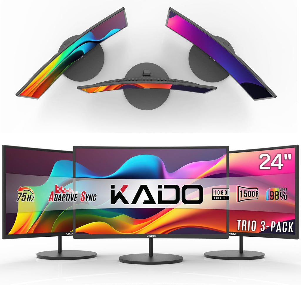 Kado Triple Monitor Setup - 3-Pack 24' Curved 1920x1080 Computer Monitor 1500R 75Hz VESA Mount HDMI Office Gaming Hybrid Built-in Speakers (C24X Trio Series)