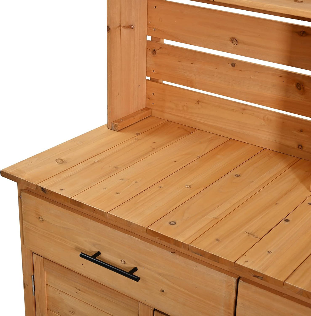Multifunctional 3-in-1 Potting Bench Workstation with Storage & Wheels | Sturdy Fir Wood | Outdoor Garden, Patio, BBQ Prep Station (Natural Wood-W)